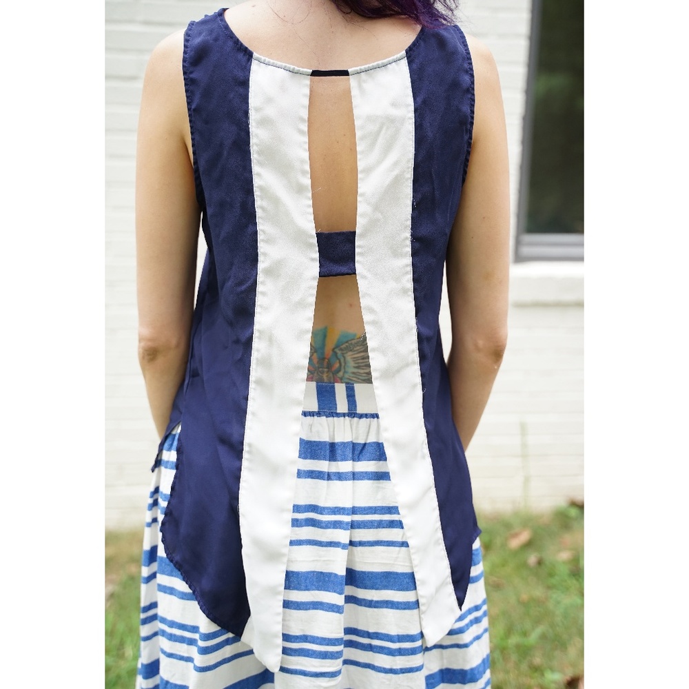 Eight Sixty Navy and White Open-Back Tank Blouse